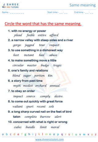 Grade 5  English worksheet: Same meaning