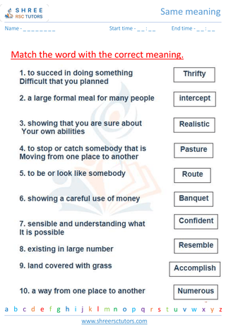 Grade 5  English worksheet: Same meaning