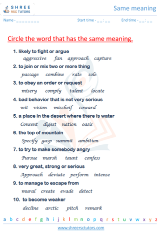 Grade 5  English worksheet: Same meaning