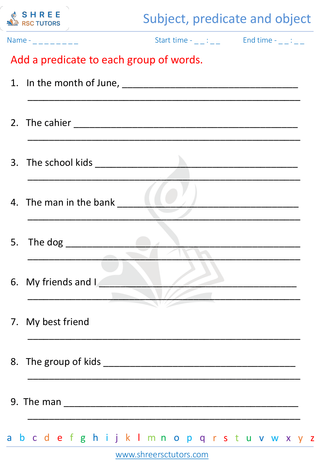 Grade 5  English worksheet: Subject, predicate and object