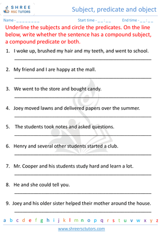 Grade 5  English worksheet: Subject, predicate and object