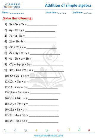 Grade 5  Maths worksheet: Algebraic expressions introduction - Add Expressions