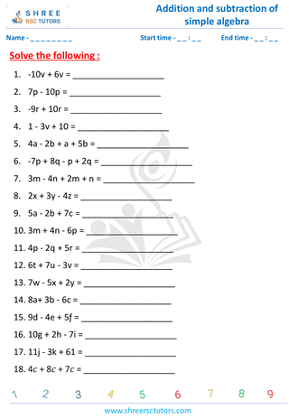 Grade 5  Maths worksheet: Algebraic expressions introduction - Addition and subtraction expressions