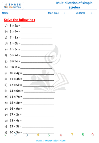 Grade 5  Maths worksheet: Algebraic expressions introduction - Multiplication expressions