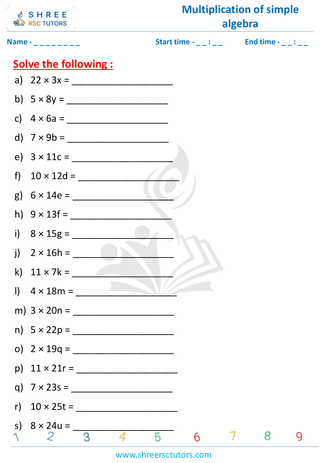 Grade 5  Maths worksheet: Algebraic expressions introduction - Multiplication expressions