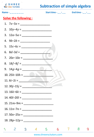 Grade 5  Maths worksheet: Algebraic expressions introduction - Subtract Expressions