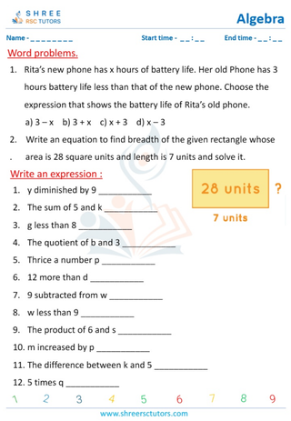Grade 5  Maths worksheet: Algebraic expressions introduction - Writing Expressions