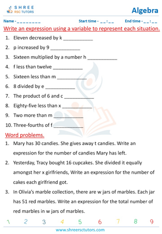 Grade 5  Maths worksheet: Algebraic expressions introduction - Writing Expressions