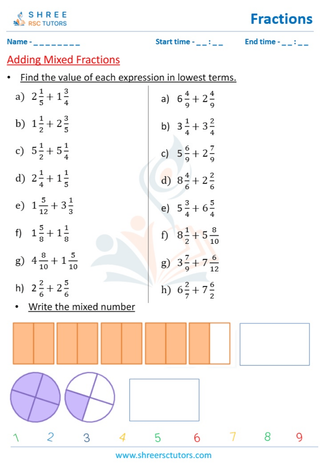 Grade 5  Maths worksheet: Fraction computation - Addition of mixed fractions