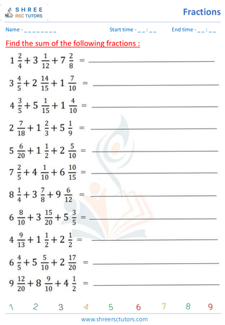 Grade 5  Maths worksheet: Fraction computation - Addition of mixed fractions