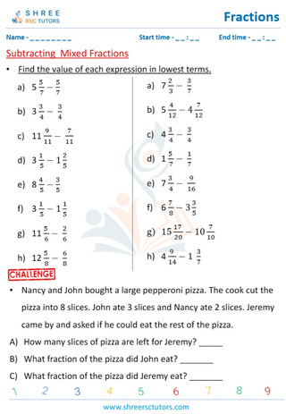 Grade 5  Maths worksheet: Fraction computation - Subtraction of mixed fraction
