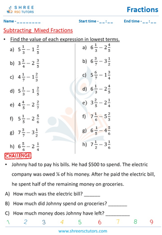 Grade 5  Maths worksheet: Fraction computation - Subtraction of mixed fraction