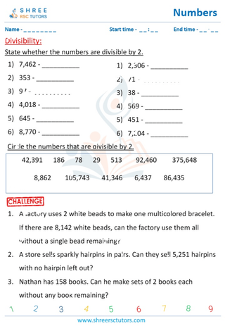 Grade 5  Maths worksheet: Highest and Least Common divisor - Divisibility test: 2,3,4,5,6,8,9,10,11