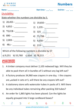 Grade 5  Maths worksheet: Highest and Least Common divisor - Divisibility test: 2,3,4,5,6,8,9,10,11