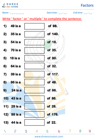 Grade 5  Maths worksheet: Highest and Least Common divisor - Factors and multiples of a number
