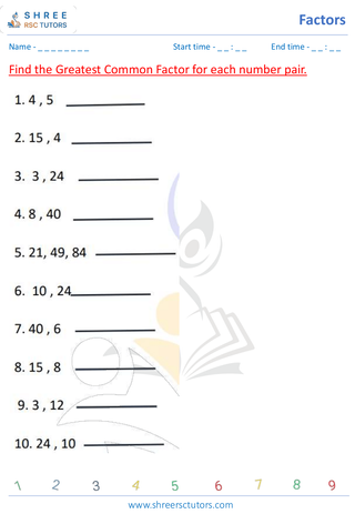 Grade 5  Maths worksheet: Highest and Least Common divisor - Greatest common factors