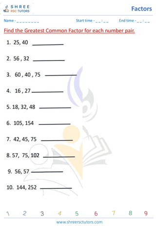 Grade 5  Maths worksheet: Highest and Least Common divisor - Greatest common factors