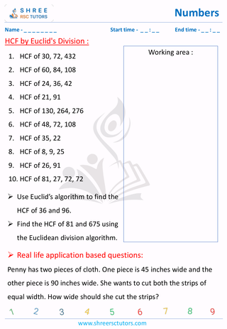 Grade 5  Maths worksheet: Highest and Least Common divisor - HCF by euclids algorithm and special cases of LCM and HCF