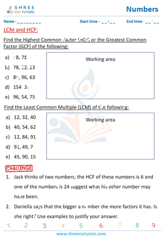 Grade 5  Maths worksheet: Highest and Least Common divisor - LCM and HCF of numbers