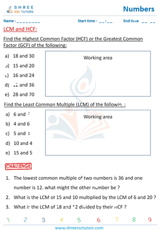 Grade 5  Maths worksheet: Highest and Least Common divisor - LCM and HCF of numbers