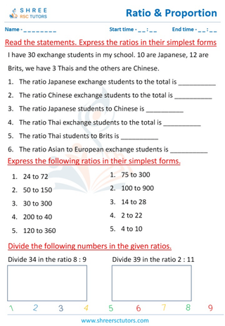 Grade 5  Maths worksheet: Ratio and proportion