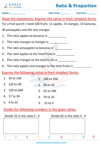 Grade 5  Maths worksheet: Ratio and proportion