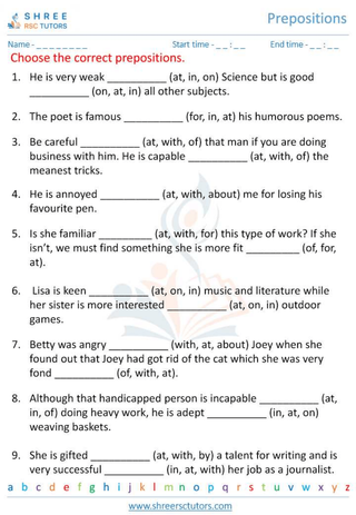 Grade 6  English worksheet: Preposition