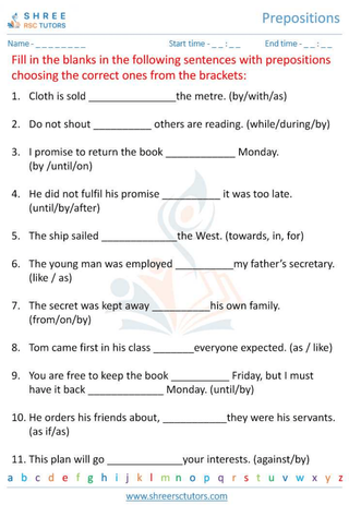 Grade 6  English worksheet: Preposition