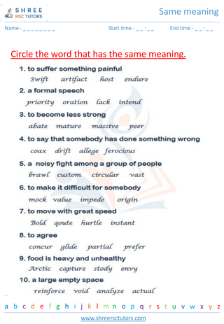 Grade 6  English worksheet: Same meaning