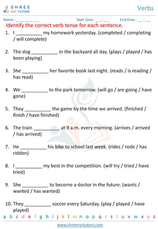 Grade 6  English worksheet: Verbs