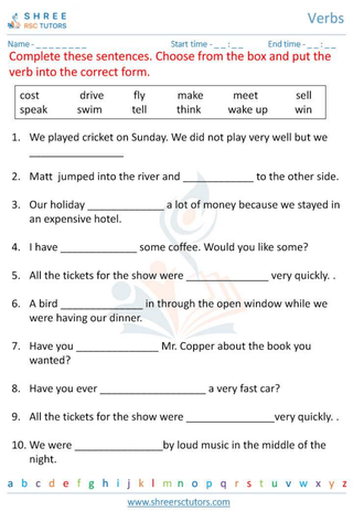 Grade 6  English worksheet: Verbs