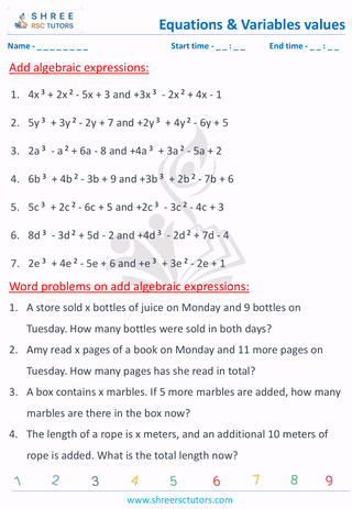 Grade 6  Maths worksheet: Algebraic term - Add expressions.