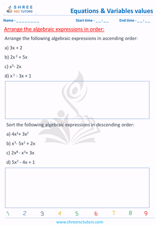 Grade 6  Maths worksheet: Algebraic term - Arrange the algebraic expressions in order