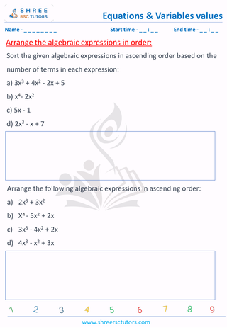 Grade 6  Maths worksheet: Algebraic term - Arrange the algebraic expressions in order