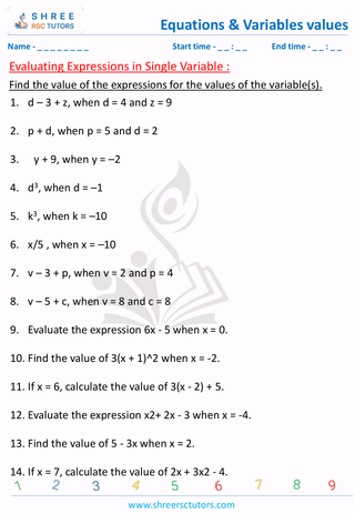 Grade 6  Maths worksheet: Algebraic term - Evaluating expressions in single variable