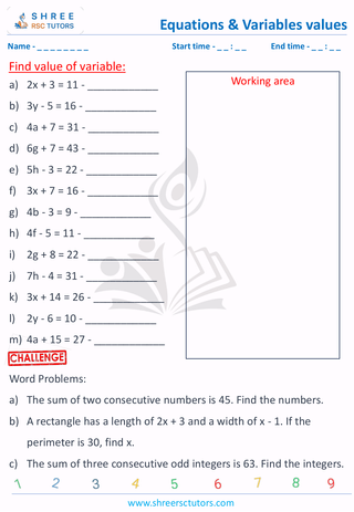 Grade 6  Maths worksheet: Algebraic term - Find value of variable
