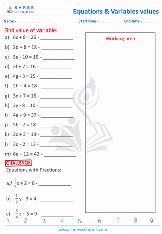 Grade 6  Maths worksheet: Algebraic term - Find value of variable