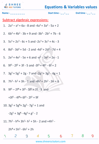 Grade 6  Maths worksheet: Algebraic term - Subtract expressions