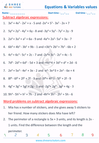 Grade 6  Maths worksheet: Algebraic term - Subtract expressions