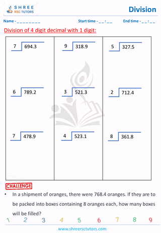 Grade 6  Maths worksheet: Dividing decimals - 4 digit decimal with 1 digit decimal