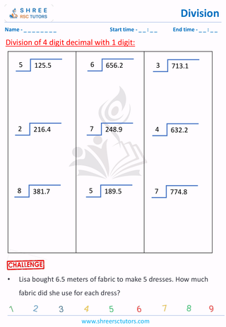 Grade 6  Maths worksheet: Dividing decimals - 4 digit decimal with 1 digit decimal