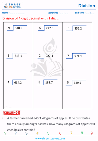 Grade 6  Maths worksheet: Dividing decimals - 4 digit decimal with 1 digit decimal