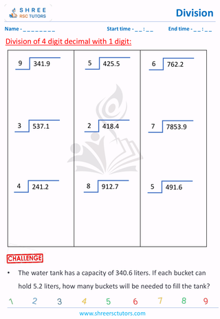 Grade 6  Maths worksheet: Dividing decimals - 4 digit decimal with 1 digit decimal