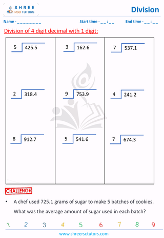 Grade 6  Maths worksheet: Dividing decimals - 4 digit decimal with 1 digit decimal