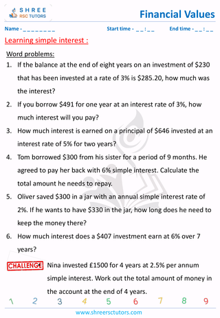 Grade 6  Maths worksheet: Financial maths - Simple interest word problems