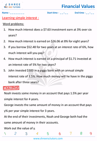 Grade 6  Maths worksheet: Financial maths - Simple interest word problems