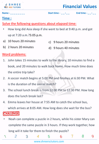 Grade 6  Maths worksheet: Financial maths - Time word problem