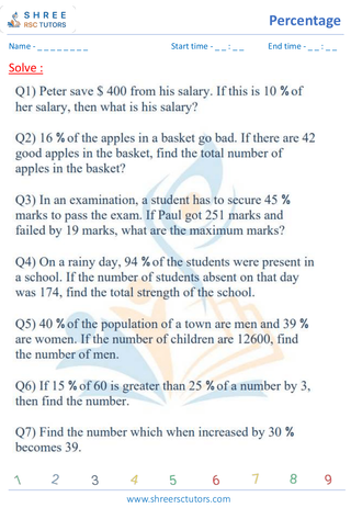 Grade 6  Maths worksheet: Percentage math