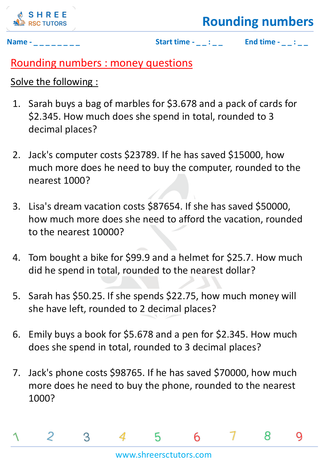Grade 6  Maths worksheet: Rounding numbers - Rounding- money questions