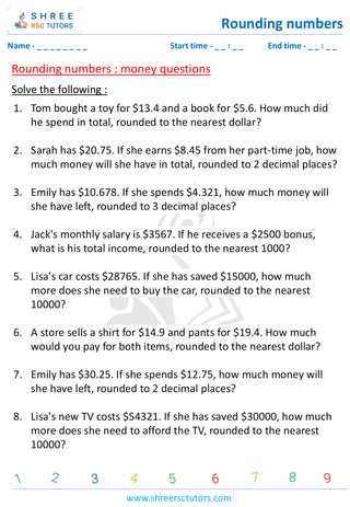 Grade 6  Maths worksheet: Rounding numbers - Rounding- money questions